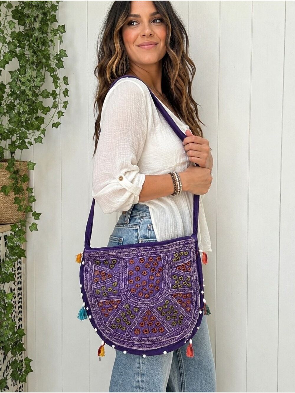 Boho Purple Embroidered Crossbody Messenger Bag with Mirror Work & Tassels - Picture 1 of 4